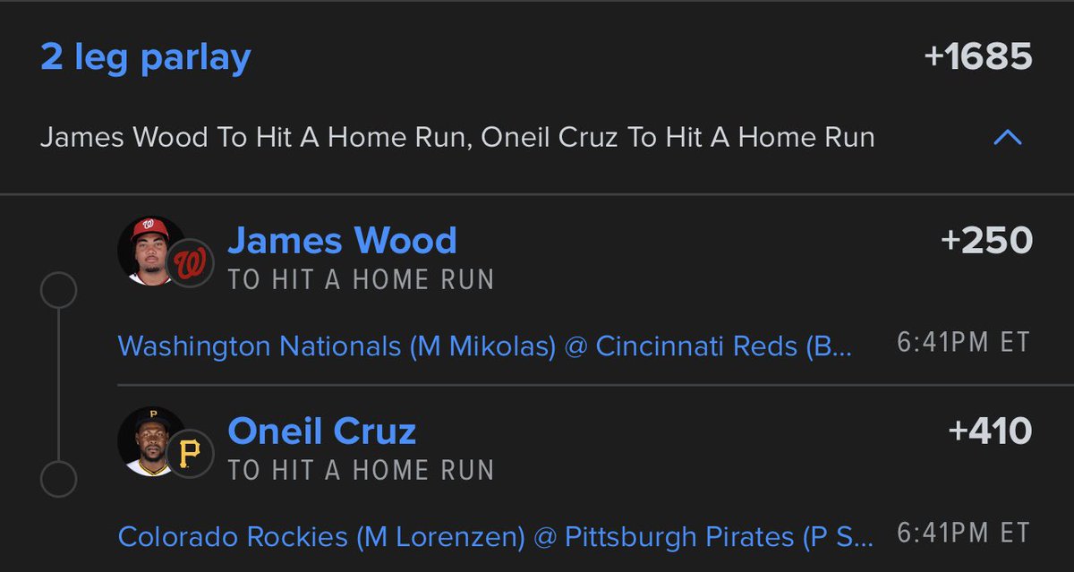 Venz_BullyBets's tweet photo. MLB Bet 5/12/26 💰
Home Run Parlay ⚾️
DINGER TUESDAY 💣💥

2 Leg HR Parlay (+1685)💰
- James Wood 🪵 
- Oneil Cruz 🏴‍☠️

BOMBS AWAY 🤑💣💥⚾️
FOLLOW ‼️ https://t.co/aFGh488XOS