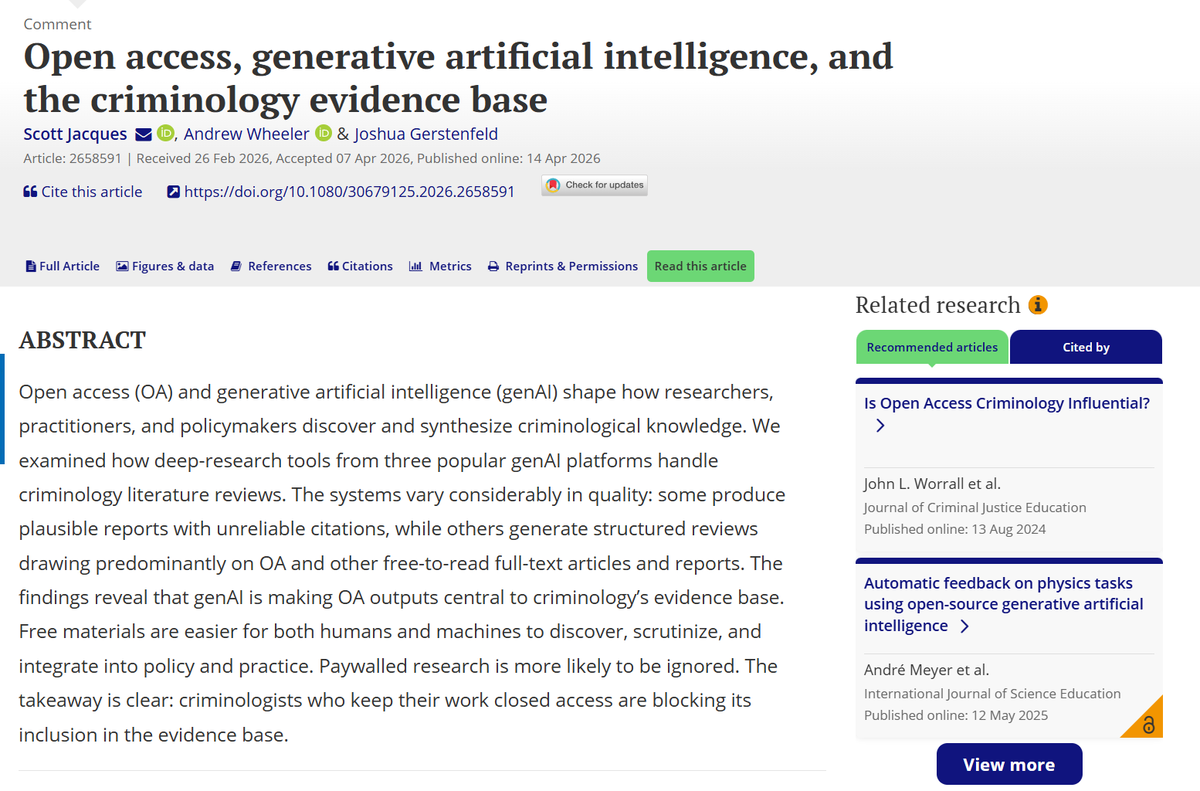 CrimeDecoder's tweet photo. New article out (with @SJacques83  and Joshua Gerstenfeld)

Open Access, generative artificial intelligence, and the criminology evidence base

This is a simple case study illustrating that the current deep research tools tend to *highly* prioritize open access articles. Crim folks post your articles to CrimRXiv!

Published in @ProfLauraHuey's new Evidence Base journal: