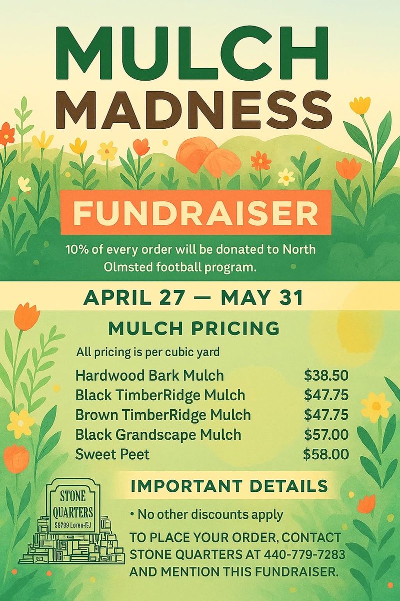 JulesWill18's tweet photo. Hey north Olmsted…. Need mulch?
Give our friends at Stone Quarters  a call.
10% of your order will go back to the North Olmsted Football program.  🦅🏈
Just be sure to mention the fundraiser when you call. 
Go Eagles!
@AthleticsNoms  @NOFBpersist  @NorthOlmsted_OH  @NOEagles https://t.co/kUQSL1fbLR