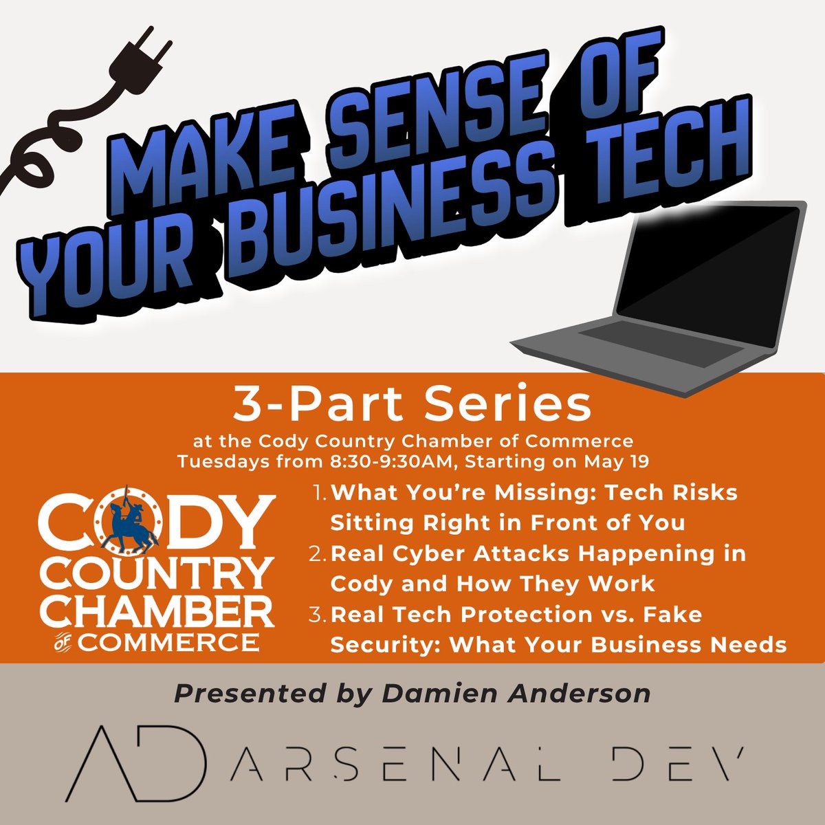 CodyChamber's tweet photo. Proud to present this new workshop series led by Arsenal Dev, local experts in IT and computing. They'll cover overlooked technology risks, the most current cyber attacks, and how to choose security options. Starts next Tuesday, May 19 at 8:30AM.

RSVP: https://t.co/1tRDMlwp4e https://t.co/tgTeUBd6Gg