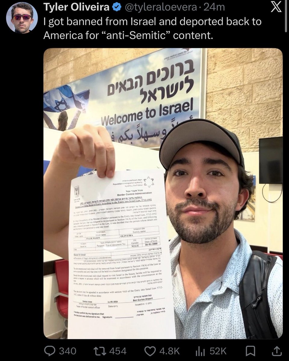Awk20000's tweet photo. Tyler Oliveira confirms ban &amp; deportation from Israel https://t.co/oVsuoEiT6O