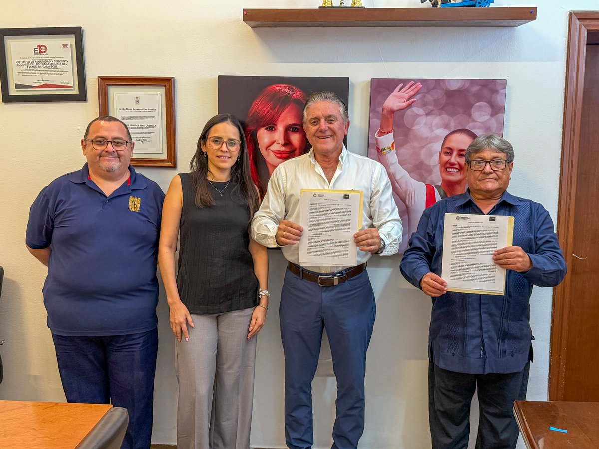 Issstecam's tweet photo. Con el objetivo de acercar más beneficios a las y los afiliados, el Director General del ISSSTECAM, Lic. Manuel Enrique Pino Castilla, llevó a cabo la firma de un convenio de colaboración con Abraham Azar Elías, de la empresa "Azel Solar". https://t.co/YdEzospm2k
