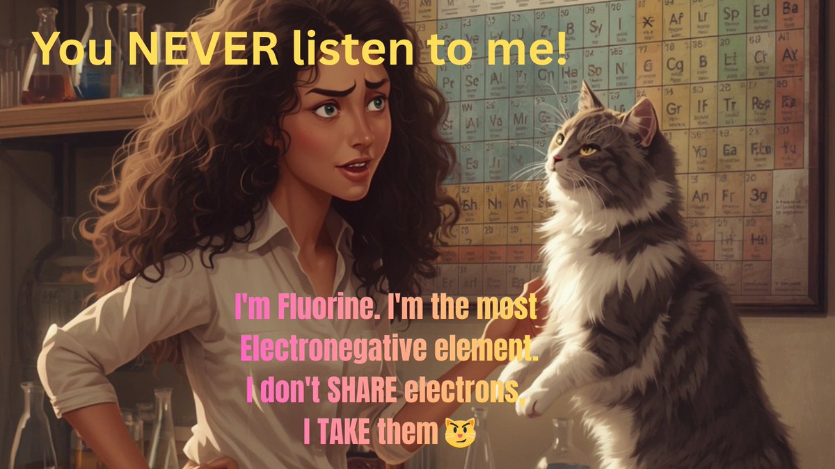 dd4char's tweet photo. Chemistry students explaining why they have trust issues 🧪💀

Fluorine really said "Your electrons are MY electrons"

Tag someone with Fluorine energy
🔥🔥🔥 

#ChemistryTwitter #Sciencememes #PeriodicTable # #ChemTwitter #Fluorine #Electronegativity #WomanYellingAtCat https://t.co/vixLs8diaG
