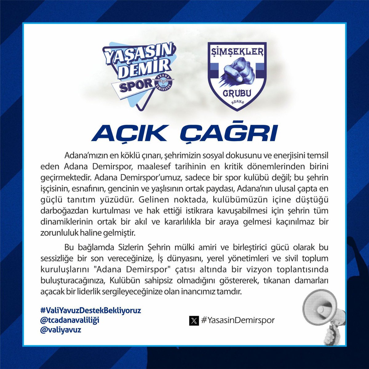 MkemalUstuner's tweet photo. Tüm taraftarlarımızı #ValiYavuzDestekBekliyoruz hashtagine destek olmaya davet ediyoruz.
Adana Demirspor bu şehrin en büyük değerlerinden biridir. Şehrimizin ortak sesi olmak için herkesi destek paylaşımı yapmaya çağırıyoruz.

@valiyavuz https://t.co/mKMVlBLnm0