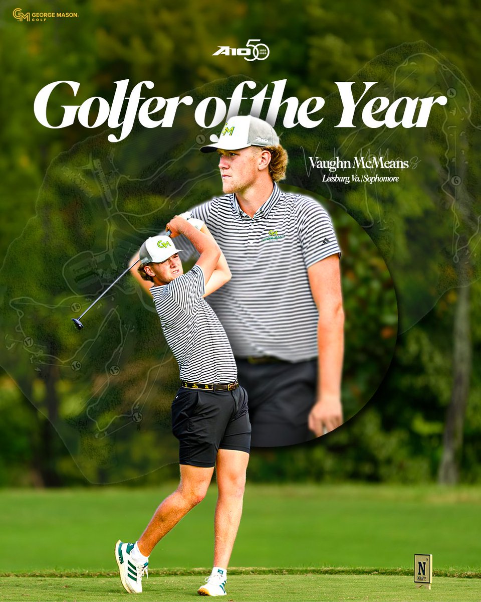 GeorgeMasonGolf's tweet photo. Congrats to Vaughn McMeans! 👏

🚨🏆 @atlantic10 Golfer of the Year‼️

⭐️ 70.8 stroke average and a scoring avg 🆚 par rank #⃣1⃣ in GMU history
🥈 Led team to a historic runner-up finish at the Atlantic 10 Championship
🪙 2⃣ Wins
🔥 5⃣ Top 10 finishes

📰  https://t.co/eGSkNQtIN1 https://t.co/ulKiRTW2IN