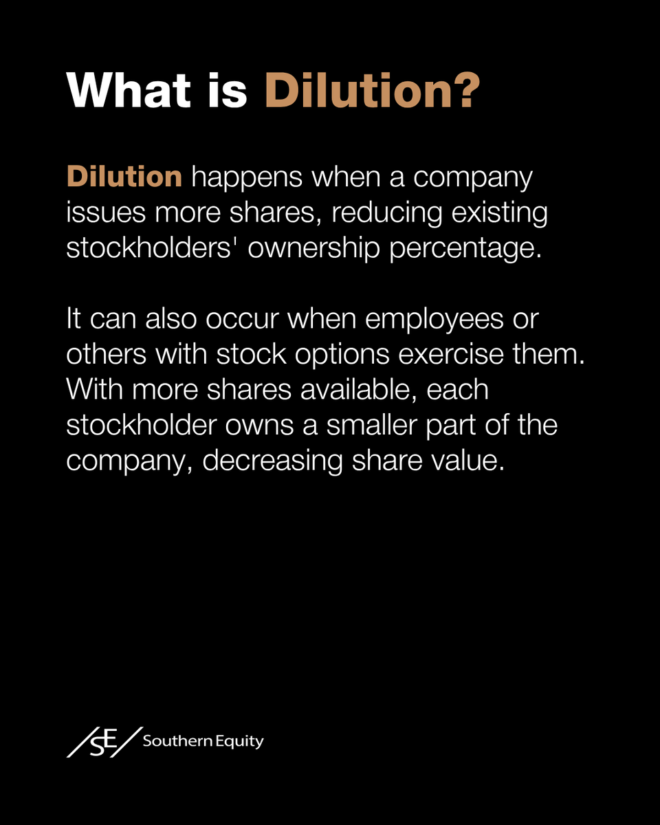 SouthernEquity's tweet photo. Dilution refers to the reduction in ownership percentage when a company issues new shares. ⇥

It commonly occurs during funding rounds, employee equity grants, or the conversion of convertible instruments. While ownership percentages decrease, dilution can support growth when new capital is deployed effectively.

Managing dilution is a core consideration for founders and early investors balancing capital needs with long-term ownership.

► Learn more: https://t.co/oHZYEkuadA

#VentureCapital #StartupFunding #PrivateMarkets #Investing #Finance #Dilution