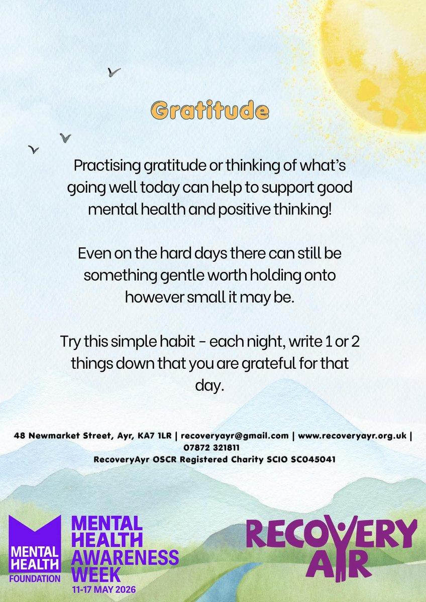RecoveryAyr's tweet photo. Gratitude isn’t about ignoring difficult days it's about noticing the small things that help us through them ☺️

Leave a comment of something you’re grateful for today 💜

#MentalHealthAwarenessWeek
@southayradp https://t.co/G7vPXOxXvG