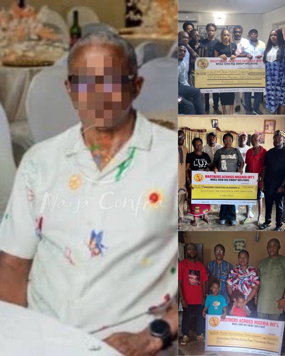 naijaconfra's tweet photo. On the left is a founding father of the Buccaneer (BAN) cult group, Alora Pancho Lobito (1972–1974 set), who is currently battling a serious illness that requires about 20 million naira for treatment. (Due to medical preference, Naija Confra will only release his cult name while withholding both his real name and face). On the right are pictures from September 9, 2025, where Buccaneers publicly displayed ceremonial cheques and claimed that several families received 17 million naira each. Many stated that the donations were a publicity stunt and not real - today, those claims may be true. Buccaneers cannot raise 20 million naira from their cult account to assist one of the men who started the group, yet they publicly display giant cheques with huge amounts for publicity. Are these people truly receiving this money, or is the Buccaneer (BAN) cult group simply a scam?

There are also claims that there cult convention cost 80-90 million naira where girls are paid to come and shake their nyash, yet their founding fathers are looking for help. If something happens to them tomorrow, you will see the same leaders with their usual big paper cheque. Last year, a young man whose late father was a Buccaneer alleged that the group failed to fulfill the financial promises they made during his father’s funeral. According to him, they only gave less than a quarter of what they pledged, and since the burial in 2013, no balance has been paid.

Naija Confra is making this issue public with the hope that pressure and awareness from us will push Buccaneers (BAN) to assist their sick founding father, Pancho Lobito. And this should also serve as a lesson to cultists in Nigeria - shun violence and focus on your future because when you need help in future, that cult group you are k**ling for right now will not help you. It is your own hardwork that will help you. If Buccaneers can abandon their founding father, who are you that is just an ordinary cultist. Reject Violence.