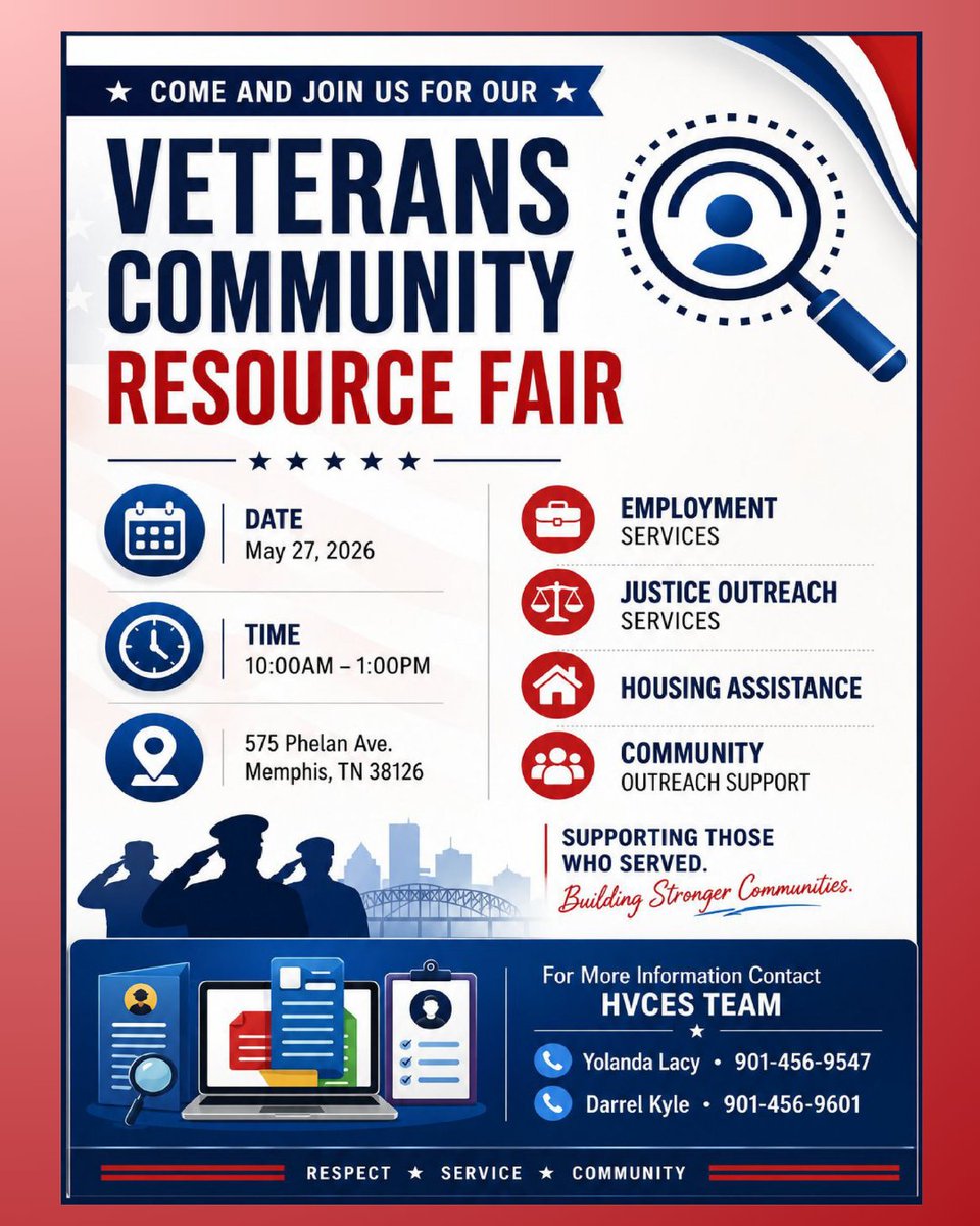 AmericaWorksTN's tweet photo. Calling all veterans! 🌟 Join the HVCES team for a Veterans Community Resource Fair on May 27, 2026 from 10am-1pm at the Veterans Affairs office (575 Phelan Ave) 🇺🇸 https://t.co/SXo3mewPu9