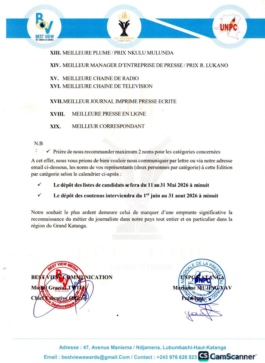 Bestviewawards's tweet photo. #Grand_Katanga : Appel à candidatures

Jamais deux sans trois, le comité d’organisation des Best View Awards lance les candidatures pour la saison 3. Une initiative mise en place par l’Agence Best View Communication en collaboration avec l’Union nationale de la presse 

1/3 https://t.co/Ri08JFAVzP