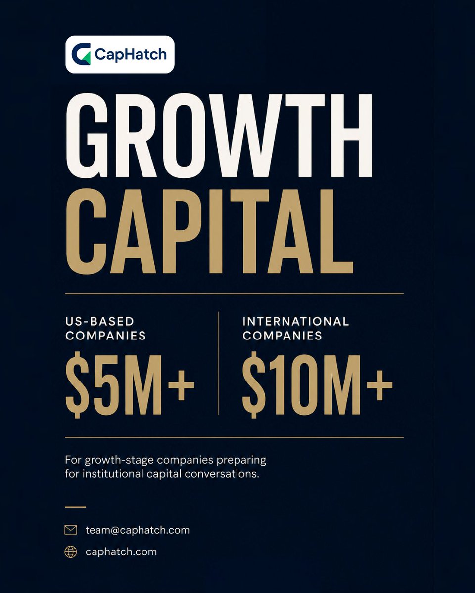 CapHatch's tweet photo. CapHatch is currently working with institutional partners evaluating growth-stage companies raising:

• $5M+ for US-based companies
• $10M+ for international companies entering the US market
Sector agnostic.

team@caphatch.com
CapHatch

#VentureCapital #GrowthCapital https://t.co/aB7RhtL9Bh