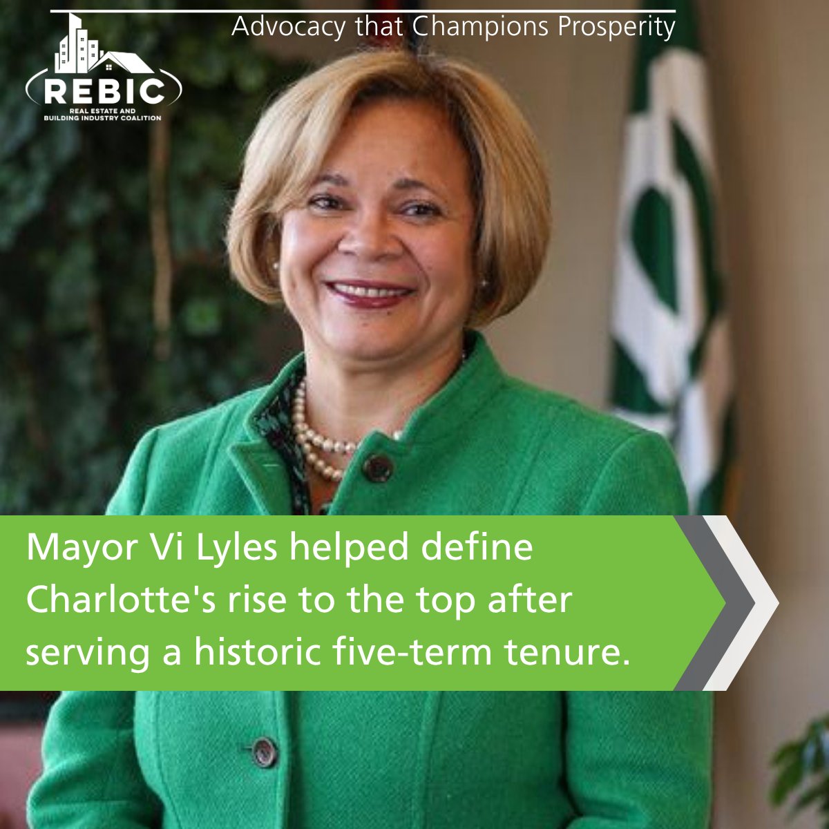 REBIC's tweet photo. Mayor Vi Lyles led a historic 5-term tenure. Serving as Charlotte’s first Black female mayor, she achieved milestones in affordable housing, infrastructure, &amp; economic development. In short, she saw the way forward to prosperity, &amp; kept her eye on purpose. Thank you, Mayor Lyles. https://t.co/EpJ5TzIW4q