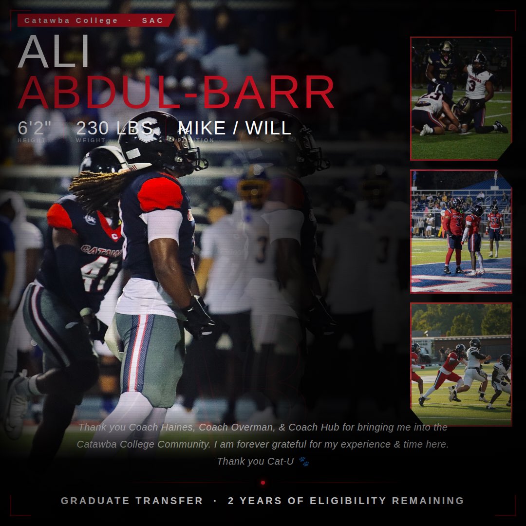 AliAbdulBarr's tweet photo. Ali Abdul-Barr #3

- 6'2 230lbs Mike/Will LB
- Grad Transfer 2 Years of Eligibility
- B.S. Computer Information Systems &amp; Security

Inquiries - @JRRickert https://t.co/bCKVj45DJI
