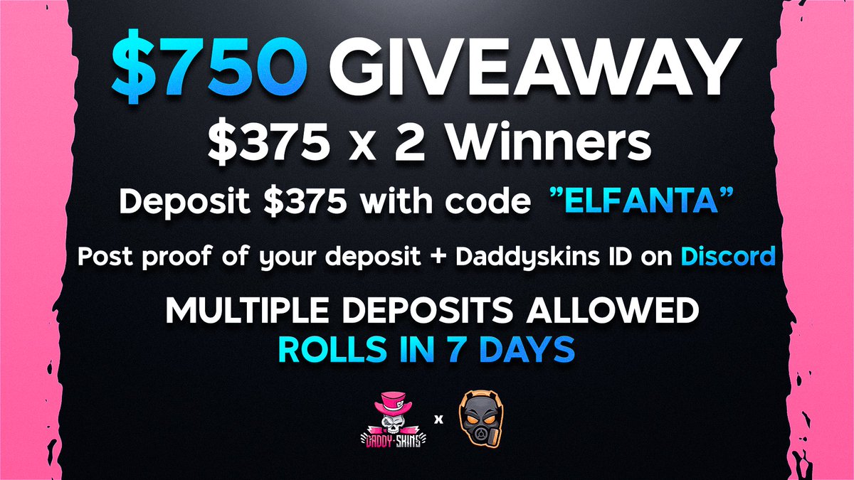 elfanta_'s tweet photo. 750$ DaddySkins Deposit Competition 🎁
2 Winners x 375$

- Deposit 375$ on code "elfanta" 
🔗https://t.co/jVtDIxtglv

- Show Proof of your deposit on my discord (750-comp)
🔗https://t.co/mrfjNuKxFD 

Winners will get the payment in ETH 💲

💵 15$ Extra for a random Retweet + Tag 💵 

Rolls in 7 days ⏰