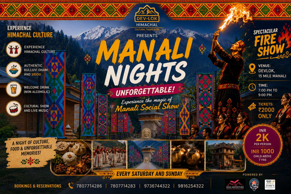 Devlokmanali's tweet photo. TRAVEL AGENTS &amp; B2B PARTNERS.
Level up your Manali packages! Treat your guests to an exclusive cultural evening at Devlok by Zebi Resort.
Weekends Cultural Show | Fire Show Kulluvi Dham &amp; Siddu Dinner | ₹2000 Adult | ₹1000 Child
 📞 7807714286
#ManaliNights https://t.co/9LsP6YCEv5