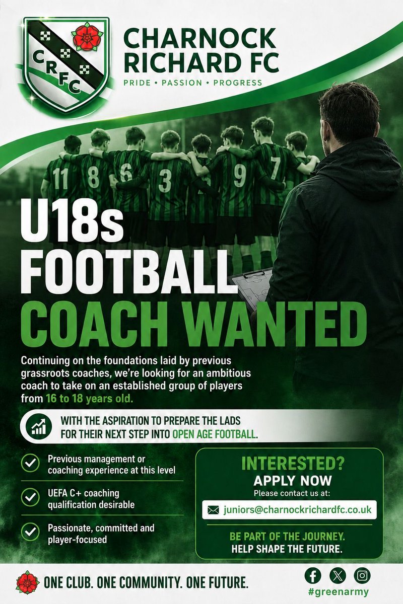CharnockJFC's tweet photo. An exciting and challenging role for a progressive coach. We have 2 under 16’s teams merging into under 18’s next season. We want the right person to take them through the next stages of their journey and into adult football. A very good set of player to work with. 💚💚 https://t.co/OYeKJ3vfVN