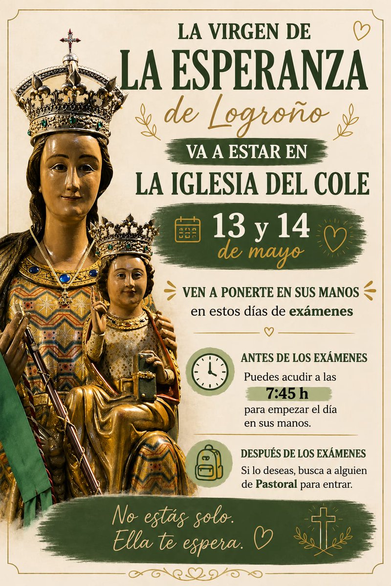 bachsantamaria's tweet photo. ¡La Virgen de la Esperanza está en el cole! ⛪️ Alumnos de Bachillerato: pasad a verla este 13 y 14 de mayo. 
Es la oportunidad perfecta para hacer una pausa, respirar y poner vuestro estudio en sus manos. 
¡Mucho ánimo con los exámenes! 🙏 https://t.co/bOp5NeutDa
