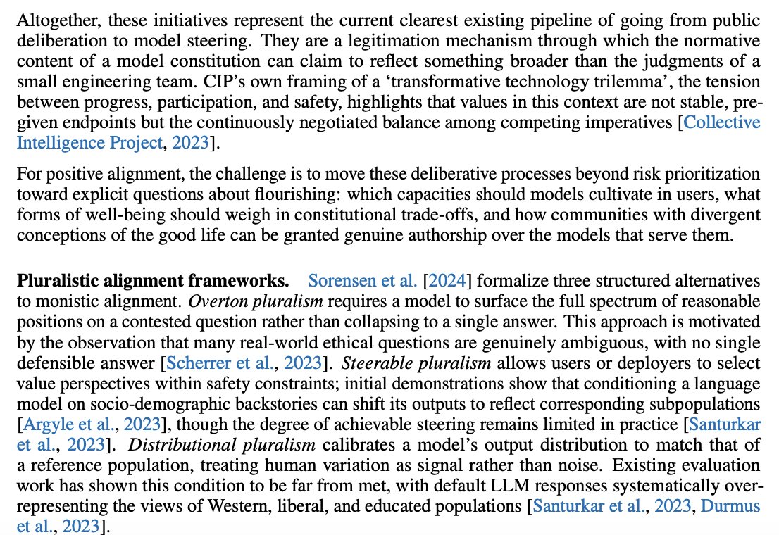 JoalStein's tweet photo. This paper from @sebkrier @RubenLaukkonen, et al. captures the @collect_intel agenda better than I usually do myself.

Defining what constitutes flourishing needs to be a whole of society process; constituting those values in the form of AI constitutions requires better practices and methodologies (@ahall_research is one to follow here, and I'll have something to share soon);  proving out new AI-enabled collective intelligence processes that allow people to better negotiate tradeoffs and competing priorities (you know, democracy); building better institutions that enable and coordinate human flourishing; moving from red lines to greenlines (https://t.co/hCWut1yAaH)