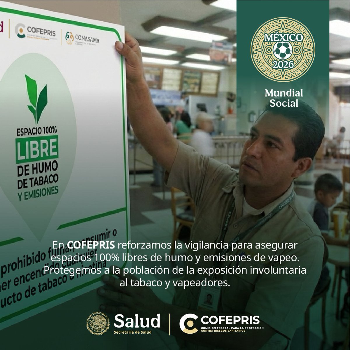 dprisqroo's tweet photo. 🏟️🌎 Rumbo al #Mundial2026, la salud también se defiende fuera de la cancha.
En el #PodcastCofepris escucha cómo se protege a la población de los riesgos del humo de #tabaco y sus derivados.
🎧 Dale play aquí: https://t.co/E9v4WolkMI
#COFEPRISProtegeTuSalud #AmbientesLibresDeHumo https://t.co/X3n3HoDT58