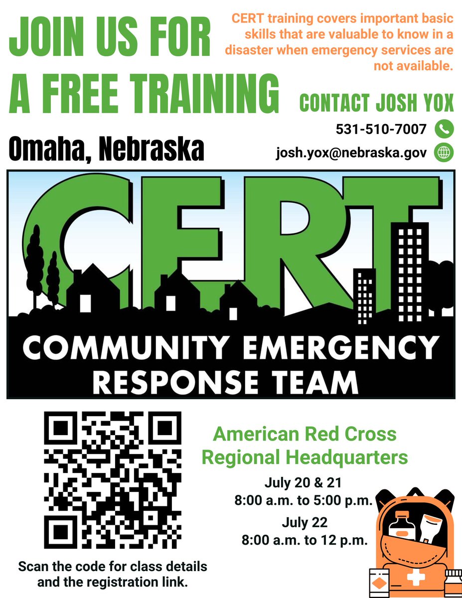NEMAtweets's tweet photo. 🚨FREE CERT Training – Omaha, NE🚨

Learn emergency response skills including disaster preparedness, fire safety, search &amp; rescue, and more.

📅July 20–22, 2026
📍American Red Cross Regional HQ

Register here: https://t.co/xlGeCE52D8 https://t.co/eIZGniR60w