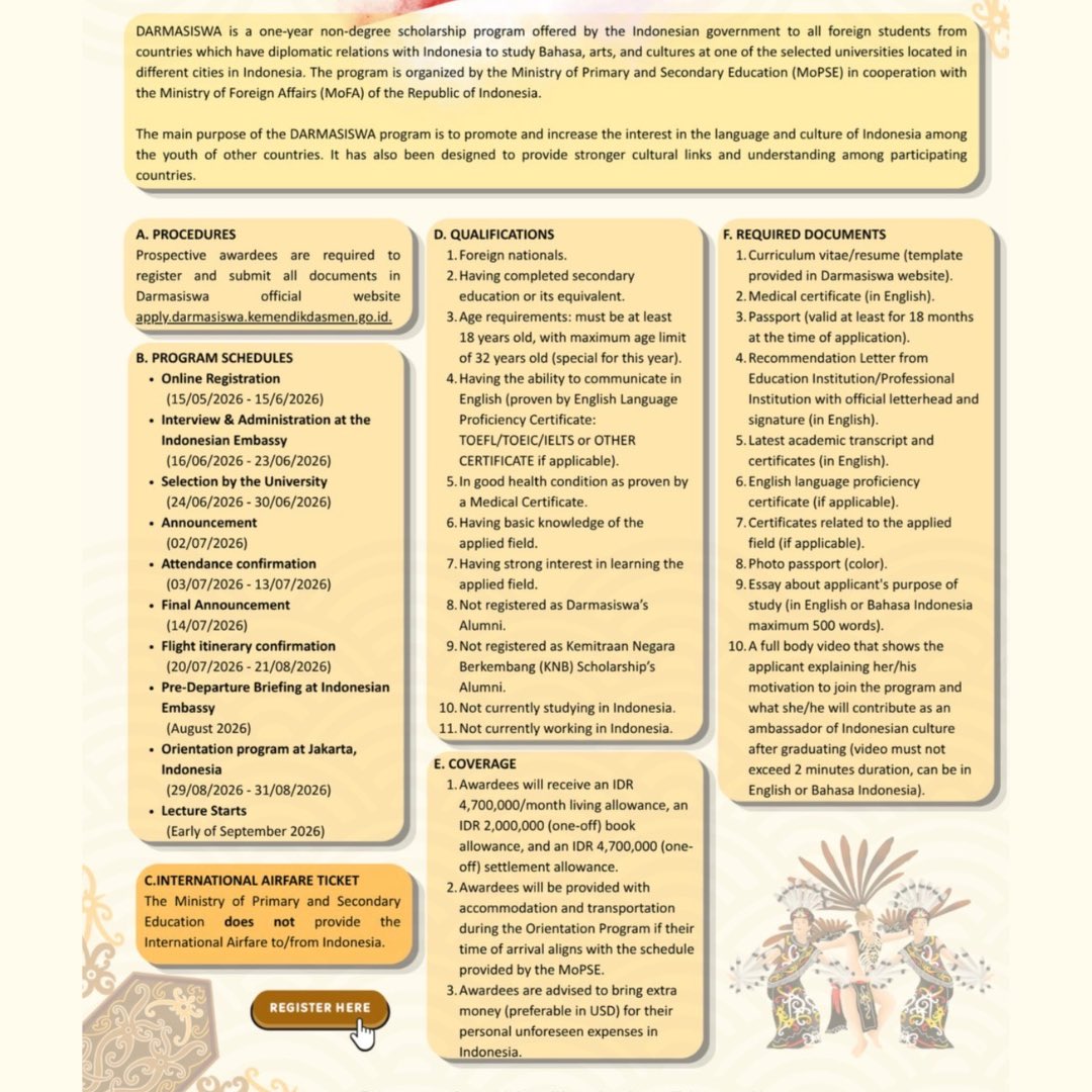 IndonesiainBA's tweet photo. 🇮🇩 ¡Convocatoria abierta para la Beca Darmasiswa Indonesia 2026/2027! 
El programa Darmasiswa brinda a estudiantes internacionales la oportunidad de aprender idioma indonesio, arte y cultura en diversas universidades de Indonesia durante 10 meses. 
🗓️ Inscripciones abiertas del 15 de mayo al 15 de junio de 2026 🔗 https:https://t.co/HzPEfmxoYQ 
Para más información ingresá al enlace en nuestra Bio.

Sumate a una experiencia cultural única y conocé Indonesia más de cerca.  
#Darmasiswa #IndonesiainBA #IniDiplomasi #wonderfulIndonesia