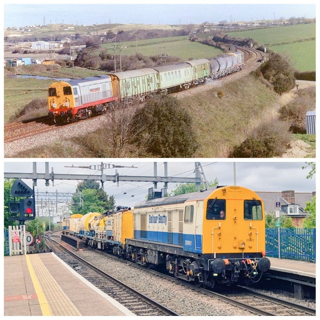 CraigMunday1's tweet photo. Veteran EE Type 1 class 20 20901 is seen on the Western Region working infrastructure services in 1992 and 2026. Quite remarkable to see the loco hard at work years apart on Weedkiller at Hayle, and Reading West on a tunnel maintenance train on 11th May. @railwaysillus https://t.co/9StN1Ey2dT