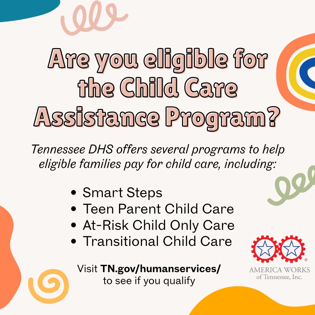 AmericaWorksTN's tweet photo. Tennessee offers several programs to help eligible families pay for child care so parents and guardians can work, attend school, or participate in approved training programs.

Visit this link for more information on eligibility and application process: https://t.co/ssQNfV4GRf https://t.co/SKJknH5htB