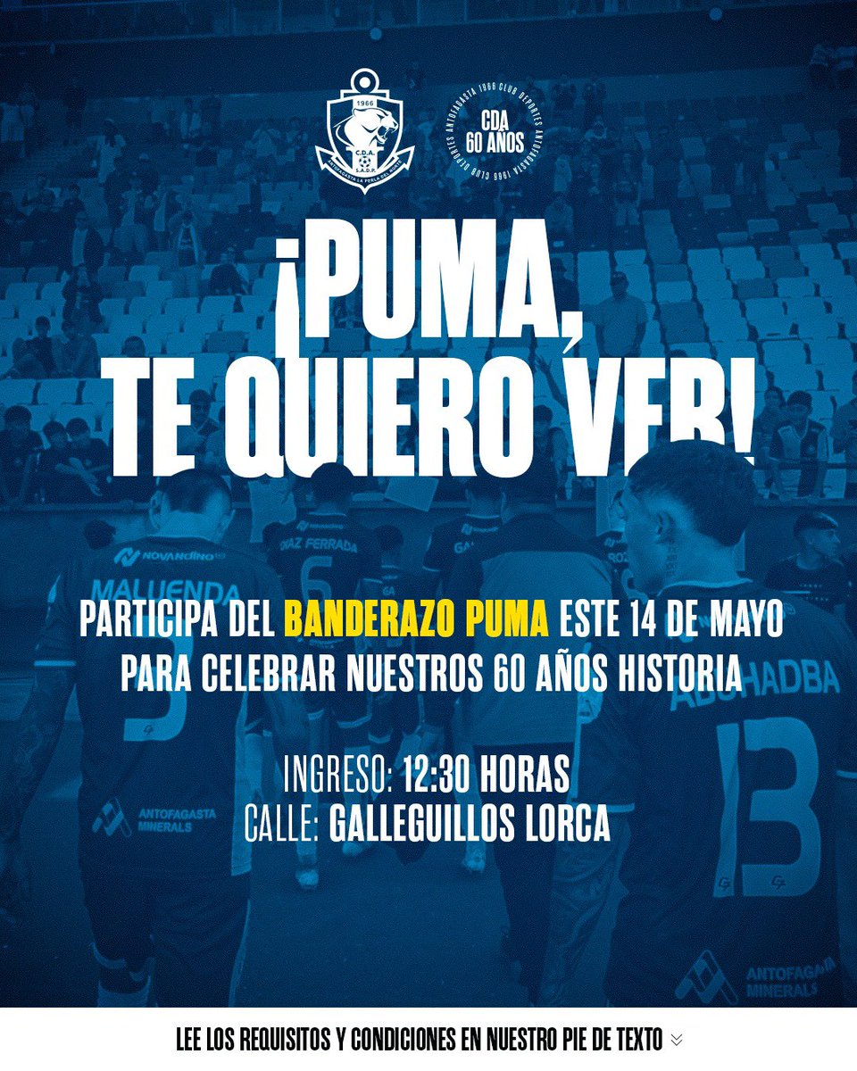 ClubAntofagasta's tweet photo. ¡Juntémonos TODOS por los 60 años de Los Pumas! 🫂

Participa de este ‘Banderazo Puma’ junto al plantel de Deportes Antofagasta este jueves 14 de mayo desde las 12:30 horas en la cancha N°2 del Estadio Calvo y Bascuñán.

#Antofagasta https://t.co/owk6cr6ItG