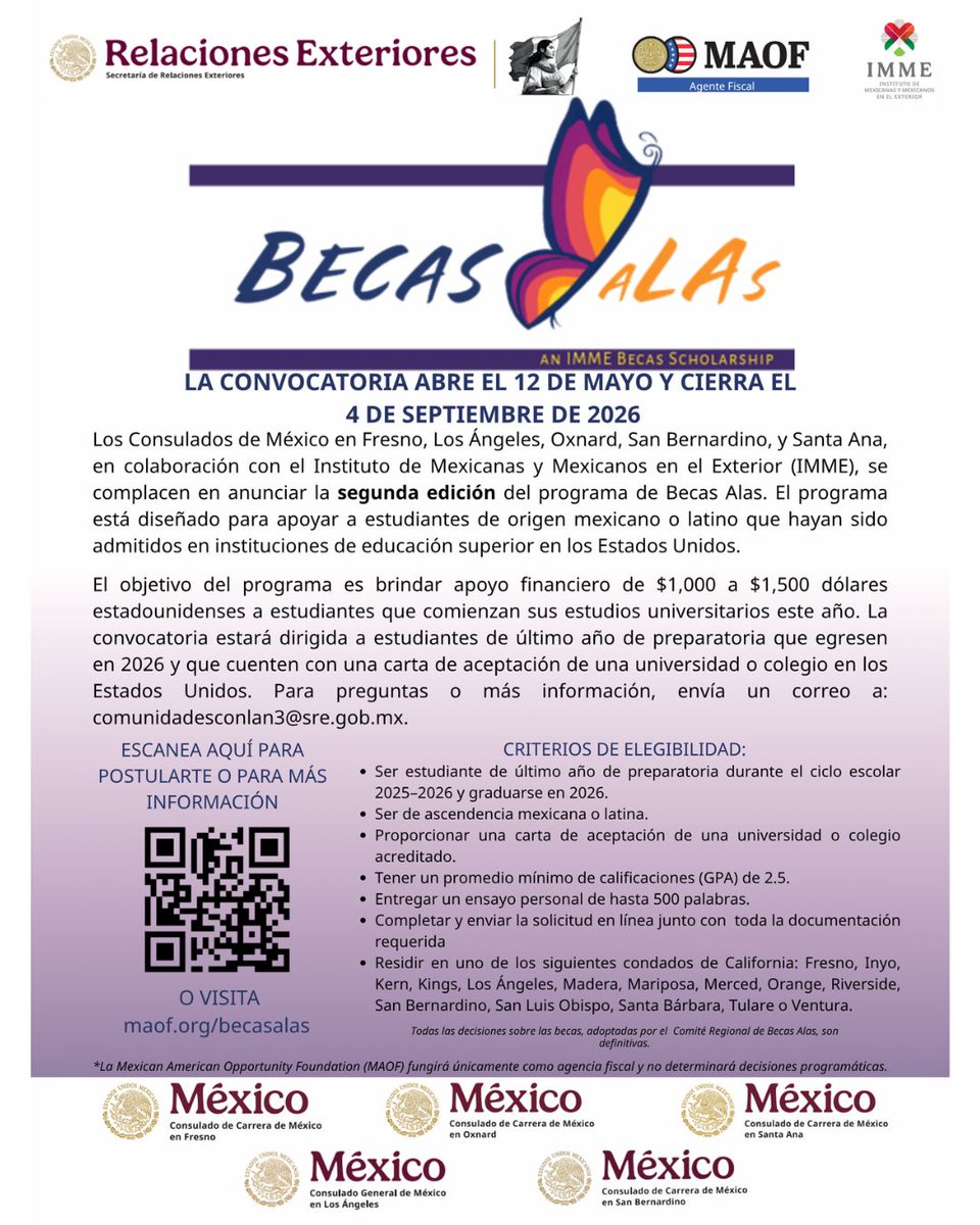 consulmexsanbe's tweet photo. ¡La convocatoria para #BecasAlas está abierta! 🦋

Los consulados de México en Fresno, Los Ángeles, Oxnard, San Bernardino y Santa Ana, junto con el Instituto de Mexicanas y Mexicanos en el Exterior, presentan la convocatoria 2026. 

Consulta las bases: https://t.co/g2yCsfSEwY https://t.co/MEdornQjZR