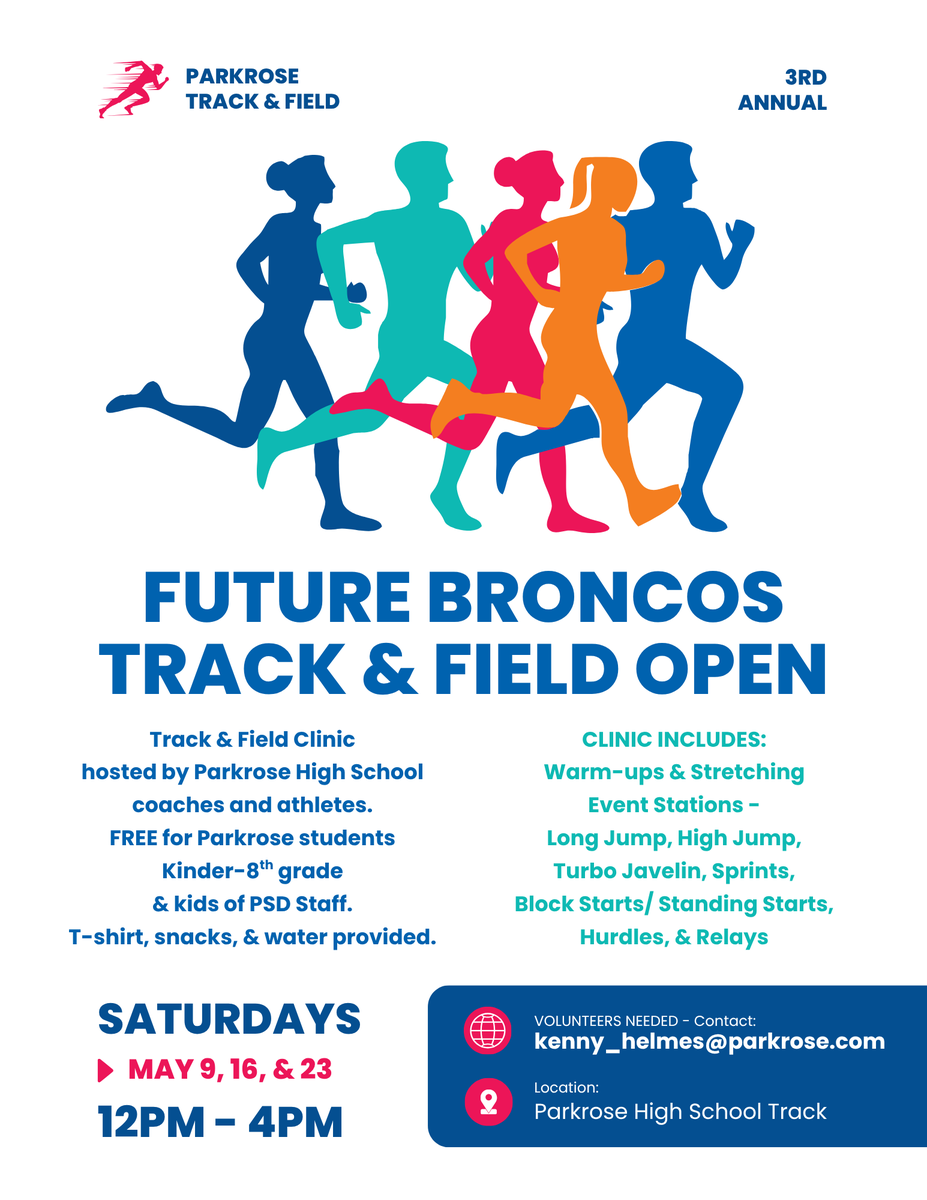 parkrose's tweet photo. Reminder ~ Future Broncos Track &amp; Field Clinic K-8th ~ May 16th &amp; May 23rd https://t.co/zPuYPPz04Z
