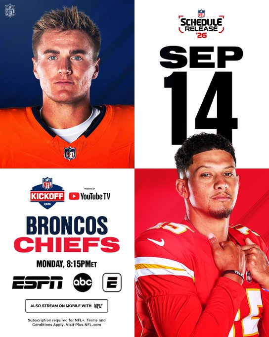 PabloViruega's tweet photo. #Chiefs de locales en el primer #MNFxESPN de la temporada #NFL 2026
- Este jueves el calendario completo - https://t.co/imftIuy6bw