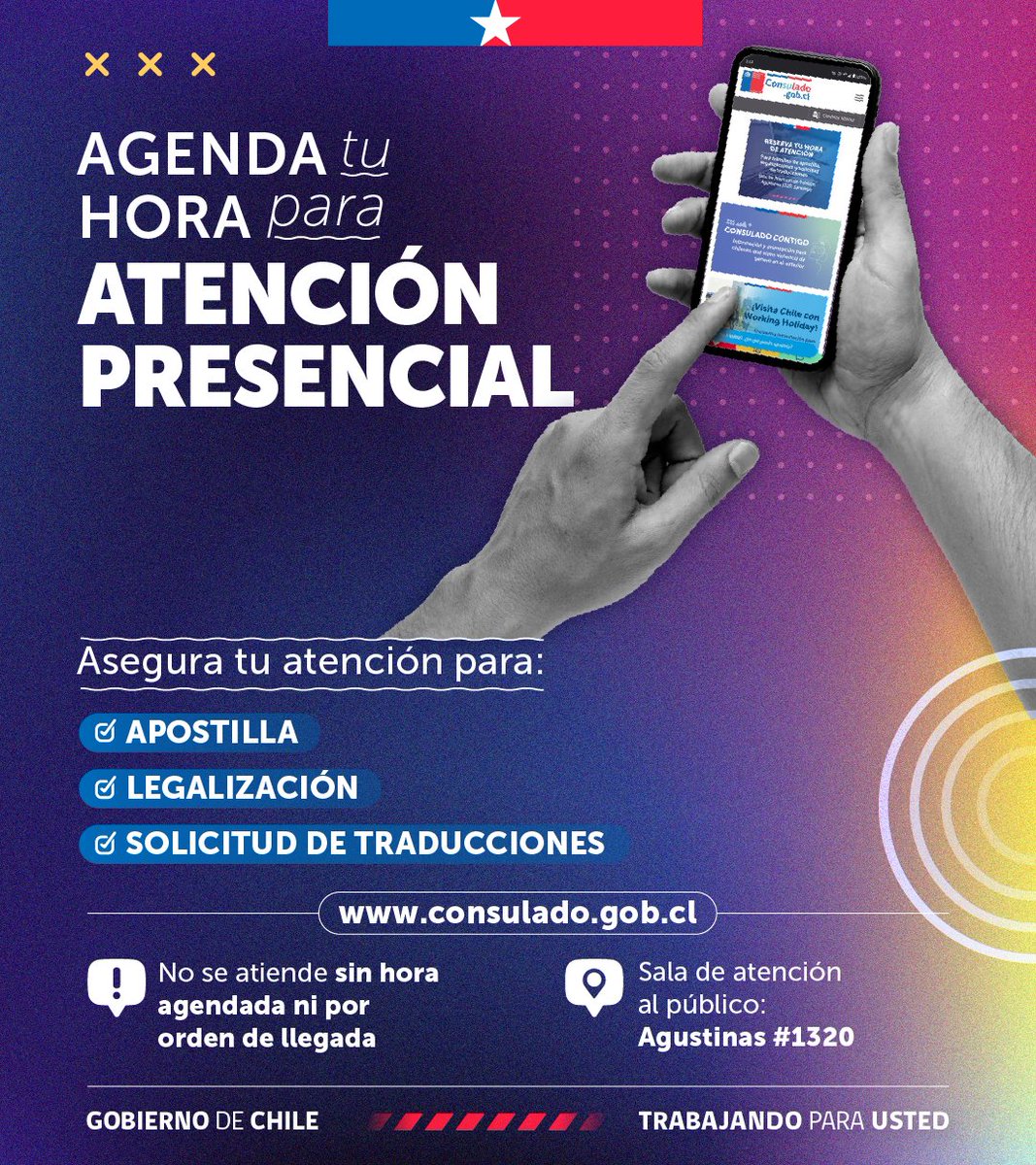 Minrel_Chile's tweet photo. 📣 ¡Tenemos nuevo sistema de atención al público!

Desde este mes, debes agendar tu hora para la atención presencial de los siguientes trámites:
✅ Apostilla
✅ Legalizaciones
✅ Traducciones

Asegura tu atención y evita filas en: https://t.co/n0vGDxFZhW https://t.co/LPxQhbcqO8
