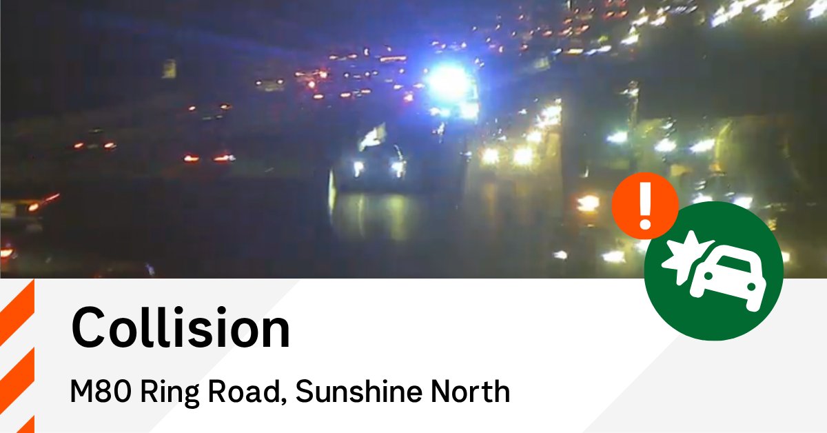 VicTraffic's tweet photo. Right lane closed on the M80 Ring Road Altona-bound near the exit to Furlong Road, Sunshine North due to a collision. Three lanes are open with speed at 40km/h. Please obey the overhead signals and merge early for everyone's safety. Delays are building in the area. #victraffic https://t.co/q5OpV0e6oc