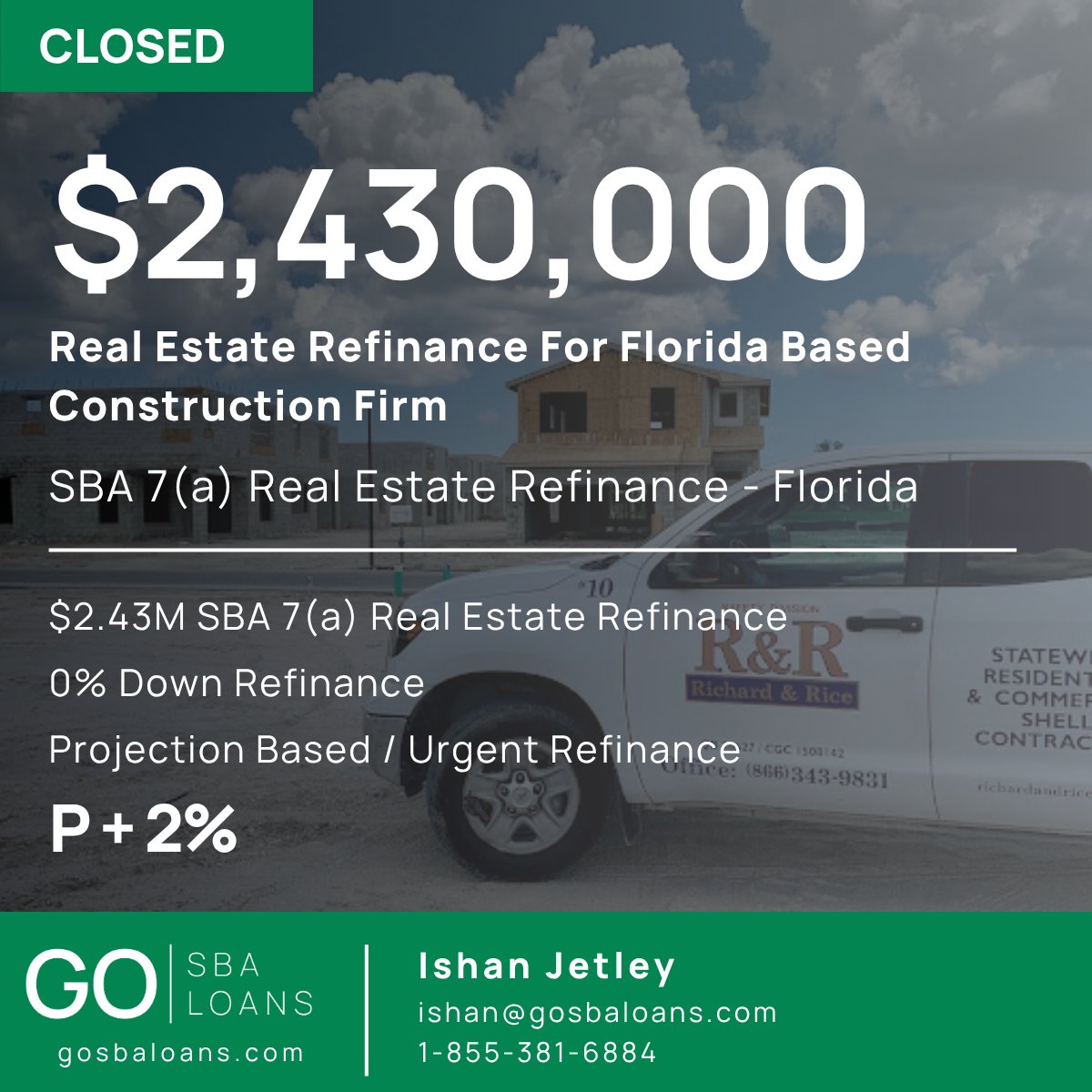 ishansba's tweet photo. We just closed a $2.4M SBA refinance for a construction company whose conventional lender called their loan. They had 30 days to fund or lose their building. $2.4M at 8.75% or p+2%. We got the deal done. https://t.co/qJOOT6VSrB