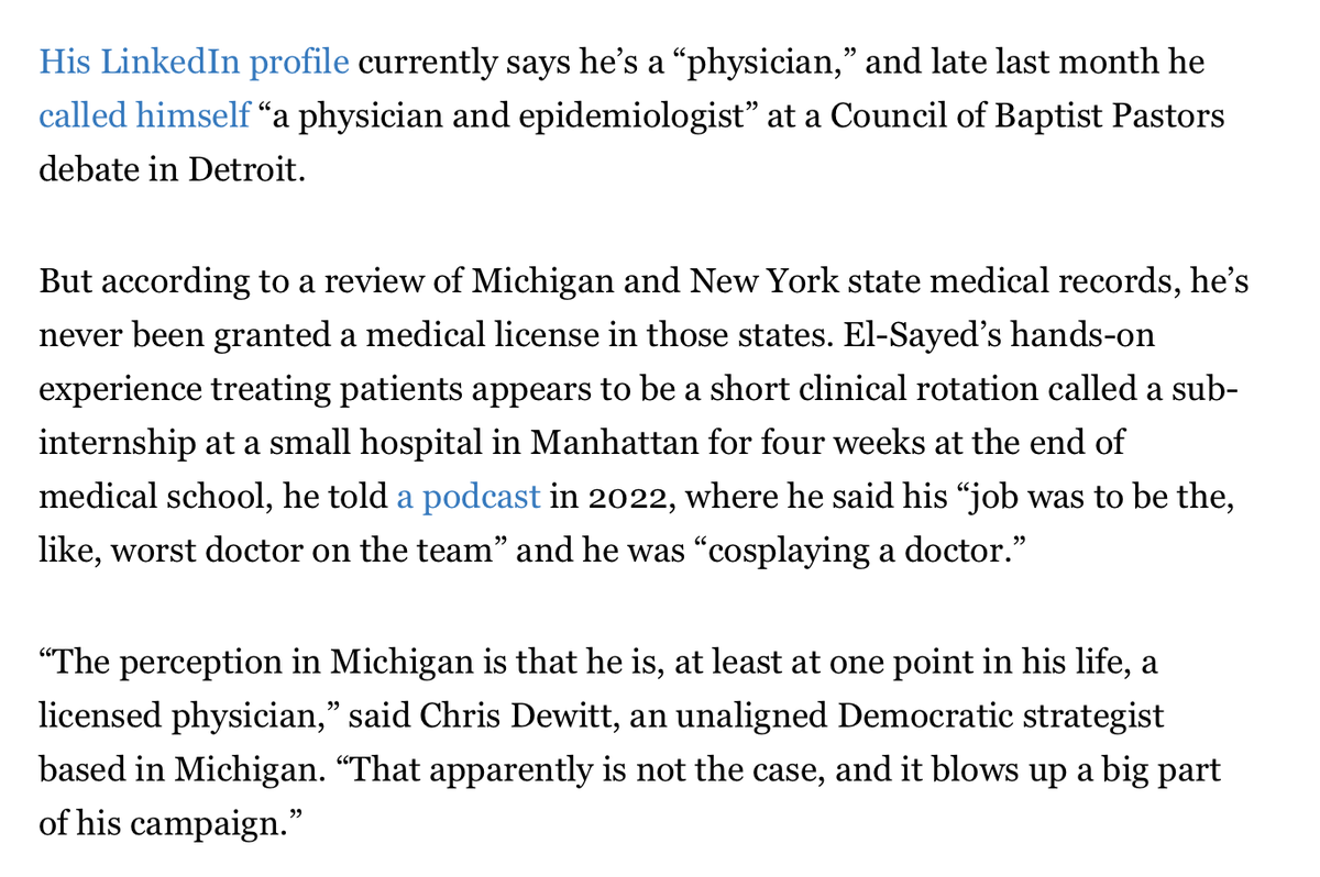 RichardHanania's tweet photo. This is a pretty staggering lie.

Michigan Senate candidate Abdul El-Sayed has gone around claiming to be a physician. 

But he has no medical license. He once did a four-week rotation which he described as “cosplaying a doctor.”

Populism means a decline of moral standards. https://t.co/1YsB6Vlf3C