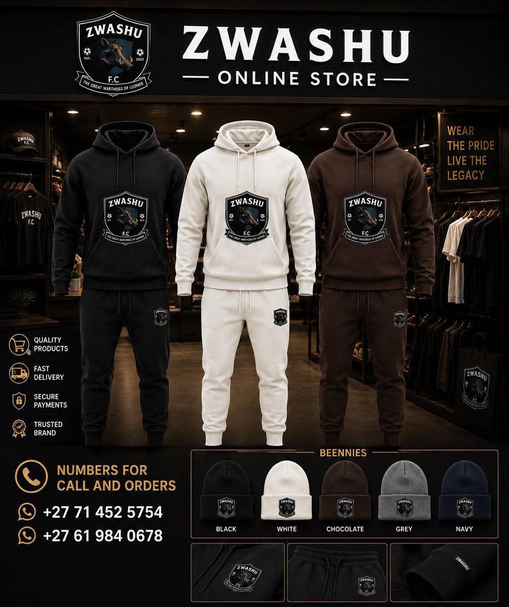 ZwashuFA's tweet photo. Zwashu Football Club in partnership with GAD Sportswear proudly presents the Winter Swag Collection 🔥

Keep warm this winter ❄️ 

To place your order simply text Eugene on:
📞 +27 71 452 5754
📞 +27 61 984 0678

Wear the Pride. Live the Legacy.
The Great Warthogs of Luonde 🐗 https://t.co/WQ99b31jl4