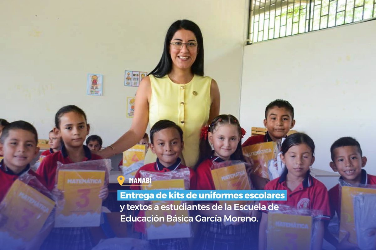 Educacion_Ec's tweet photo. 📍MANABÍ | La ministra de Educación, Deporte y Cultura, @GildaAlcivarOk, entregó uniformes y textos escolares a estudiantes de la Escuela de Educación Básica García Moreno, en Rocafuerte 📚👕, como parte de una inversión superior a USD 5 millones destinada al fortalecimiento educativo en la provincia. 🇪🇨

✅ En Manabí se entregaron:
👕 153 mil uniformes escolares
📖 284 mil kits de textos
🧃 Más de 5,1 millones de raciones alimenticias

Durante la jornada también se recorrió el proyecto de transformación socioeducativa “Escuela Chango” 💙, impulsado junto a Fundación Unidos por la Educación, Grupo DIFARE y Fundación Territorios, una iniciativa que transforma espacios escolares, fortalece a docentes y promueve una educación más inclusiva, participativa y de calidad para niños y adolescentes.