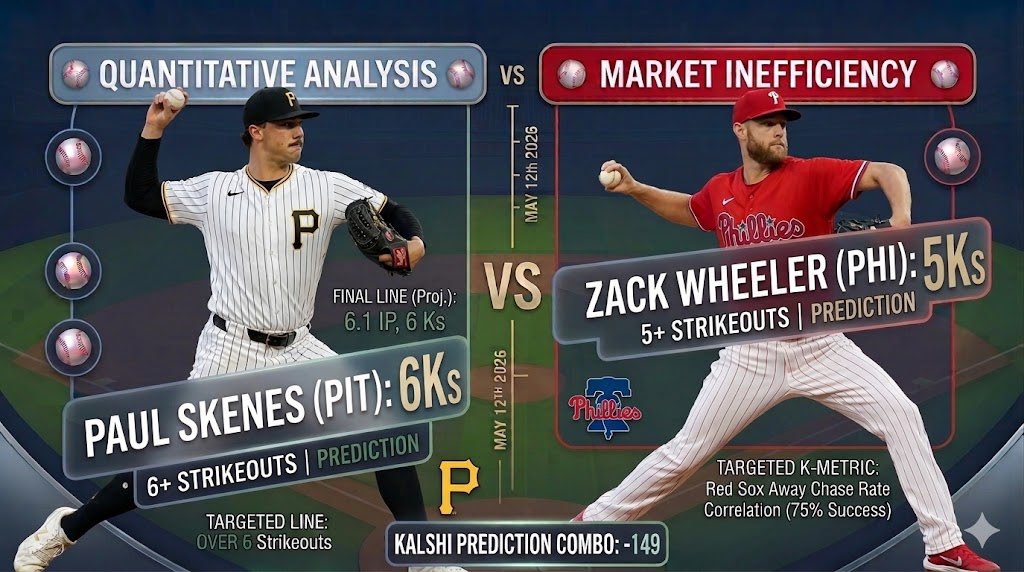 betcoverkings's tweet photo. 📊KALSHI K-COMBO: ELITE METRICS

We are targeting another pitching parlay for tonight's slate on @Kalshi centered on a generational talent in Pittsburgh and an elite workhorse in Philadelphia.

The Play:⬇️
•Paul Skenes (PIT) 6+ Strikeouts •Zack Wheeler (PHI) 5+ Strikeouts
•Combo Price: -149💰

🏴‍☠️Leg 1: Paul Skenes 6 Ks (Pirates) vs Rockies

Paul Skenes continues to operate at a Cy Young pace, utilizing his elite triple-digit fastball and high-spin secondary offerings to dominate the zone.

•2026 Dominance: Through 8 starts this season, Skenes has already racked up 46 strikeouts in just 42 innings.  •K-Metric Efficiency: He is averaging 5.8 strikeouts per appearance in 2026, including a dominant 7-K performance against Arizona on May 6th.  •The Matchup: Facing a Rockies lineup that has historically struggled with high-velocity righties. Skenes' current line of 7.5 Ks on some books makes 6+ a high-confidence floor. 
🔔Leg 2: Zack Wheeler 5Ks (Phillies) vs Red Sox

Wheeler is building back his elite form and velocity, showing consistent strikeout production across his first several starts of 2026.

•2026 Performance: Wheeler has secured 18 strikeouts over his first 17.1 innings this year, sporting a strong 0.98 WHIP.  •K-Metric Consistency: He has hit the 5+ K threshold in 66% of his starts this season, highlighted by an 8-strikeout gem against the Marlins on May 1st.  •The Matchup: As Wheeler continues to ramp up his pitch count (reaching 98 pitches in his last start), his leash is long enough to easily clear 5 Ks against a Red Sox lineup prone to chasing elevated heat. #MLB #Gambling𝕏