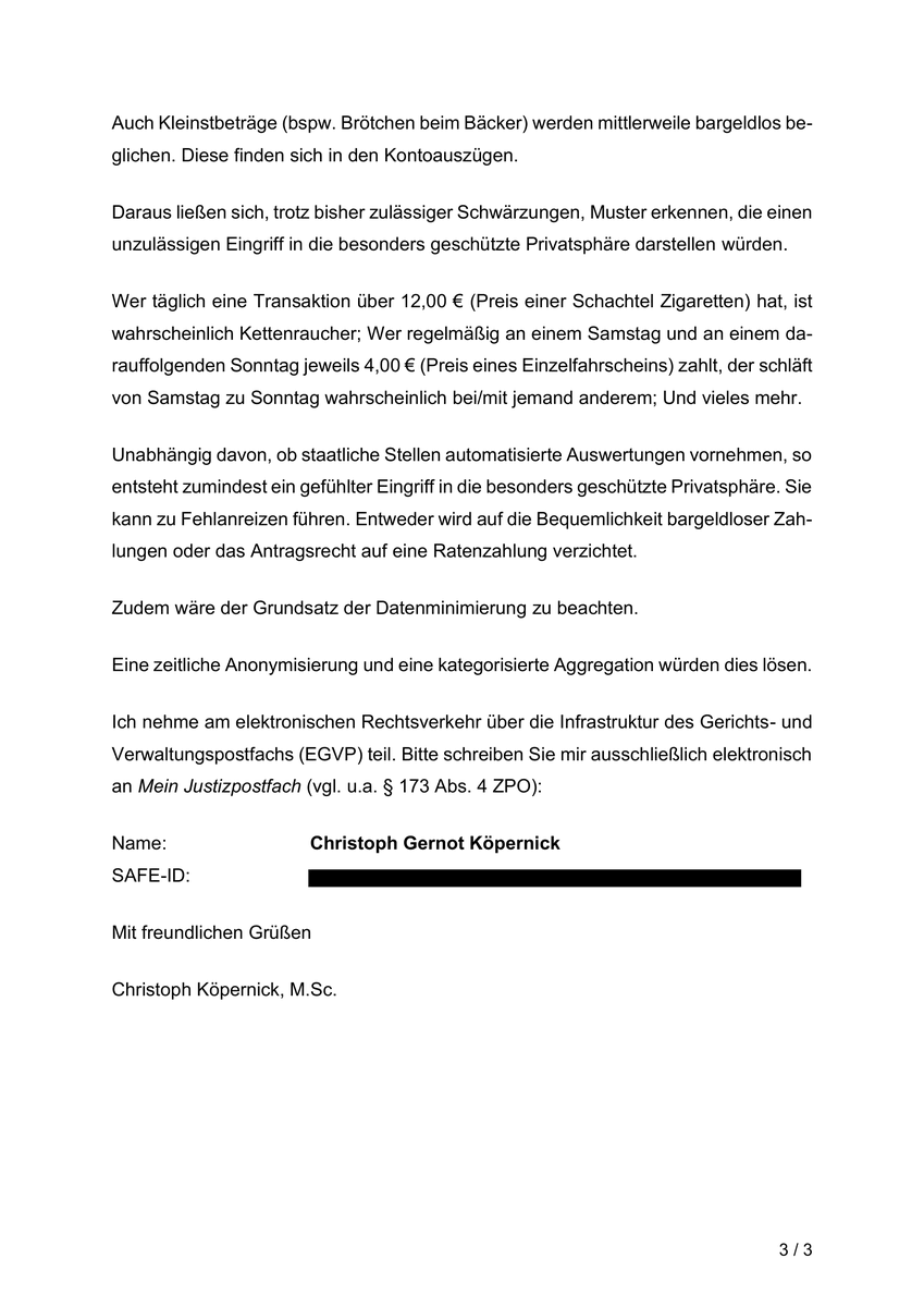 koepernick's tweet photo. Die Berliner Kosteneinziehungsstelle der Justiz (#KEJ) könnte gegen datenschutzrechtliche Regelungen verstoßen. Obwohl das Bundessozialgericht schon 2008 ein Grundsatzurteil fällte, verlangt sie weiterhin „ungeschwärzte Kontoauszüge“.
Die Berliner Beauftragte für Datenschutz und Informationsfreiheit hat meinen Hinweis vom 07.05.2026 sofort am 11.05.2026 aufgenommen. Mittlerweile habe ich weitere mutmaßliche Verstöße der KEJ gefunden und ihr zur Prüfung gegeben.
Offenbar erhebt die Berliner Kosteneinziehungsstelle der Justiz unzulässige Maximalforderungen in existenzbedrohenden Drucksituationen. Dies wären unfassbare Eingriffe, zumal die Betroffenen i.d.R. verzweifelt und rechtsunkundig sind.
Die Berliner Kosteneinziehungsstelle der Justiz ist Vollstreckungsbehörde des Landes Berlin, wenn es bspw. um die Beitreibung Gerichtskosten geht.
