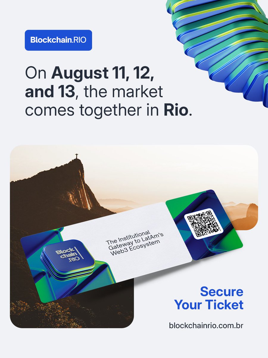 blockchain_rio's tweet photo. Sales for https://t.co/2mcxGriri1 2026 are now open.

Take advantage of the pre-launch batch, featuring the best conditions available this year.

August 11, 12 &amp; 13 · ExpoRio · Rio de Janeiro

🎟️ Tickets: https://t.co/MWBoHd9h1w

#BlockchainRIO #Web3 #DigitalAssets #RWA https://t.co/BmNdr6vJoP