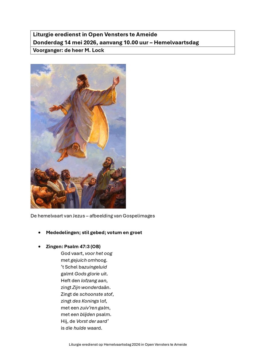 MachielLock's tweet photo. A.s. donderdag is het Hemelvaartsdag 2026. Dan zal ik voorgaan in Open Vensters te Ameide. Bijgevoegd bij dit bericht treft u de liturgie die ik t.b.v. deze dienst heb opgesteld. https://t.co/uTKSq6RF28