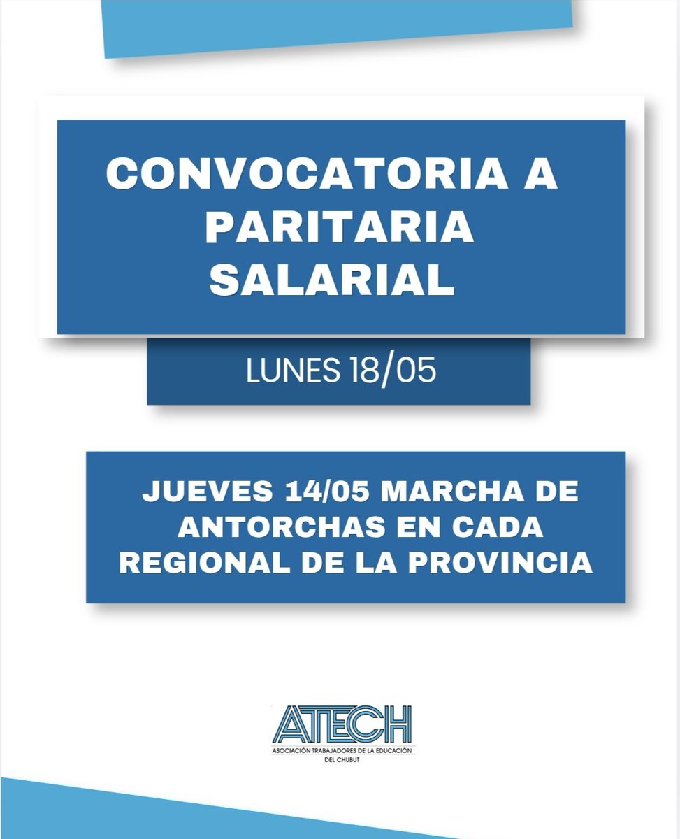 AtechCentral's tweet photo. • Ante la convocatoria a la Paritaria Salarial para el lunes 18 de mayo, el Consejo Directivo de ATECH, las 6 Regionales y la Junta Ejecutiva, resuelven: 
Convocar a una marcha de antorchas el jueves 14 de mayo a las 18:30 horas en todas las regionales de la provincia. https://t.co/olql1e1tnp