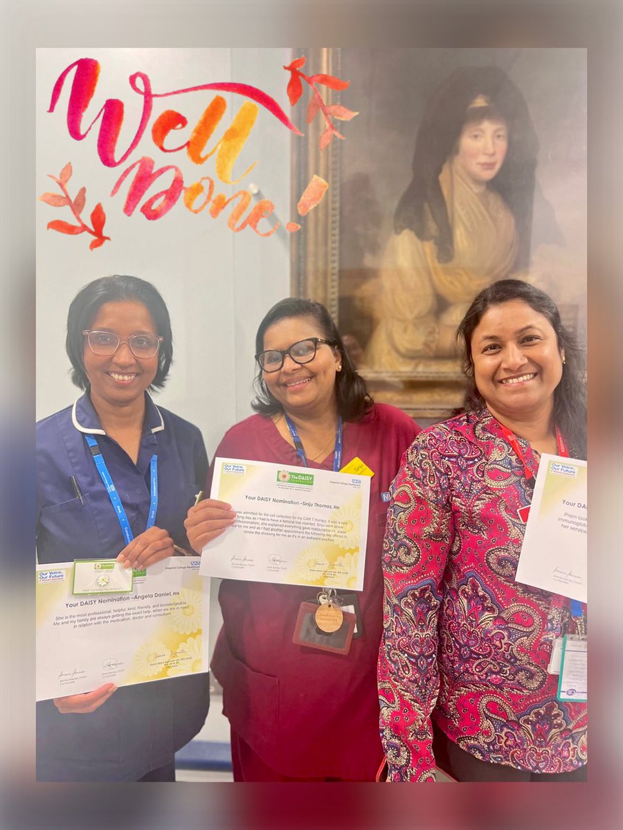 karhod21's tweet photo. Another day of celebration as more @DAISY4Nurses nominees were recognised for their important contributions to patient care @ImperialNHS Well done to Sinju, Prem & Angela π @NursesMidwives #TeamHaem @SinjuThomas3 @GillODell2 @majhoye @CathyHughes0803 @Julie10000 https://t.co/Aa3hYE7nrG