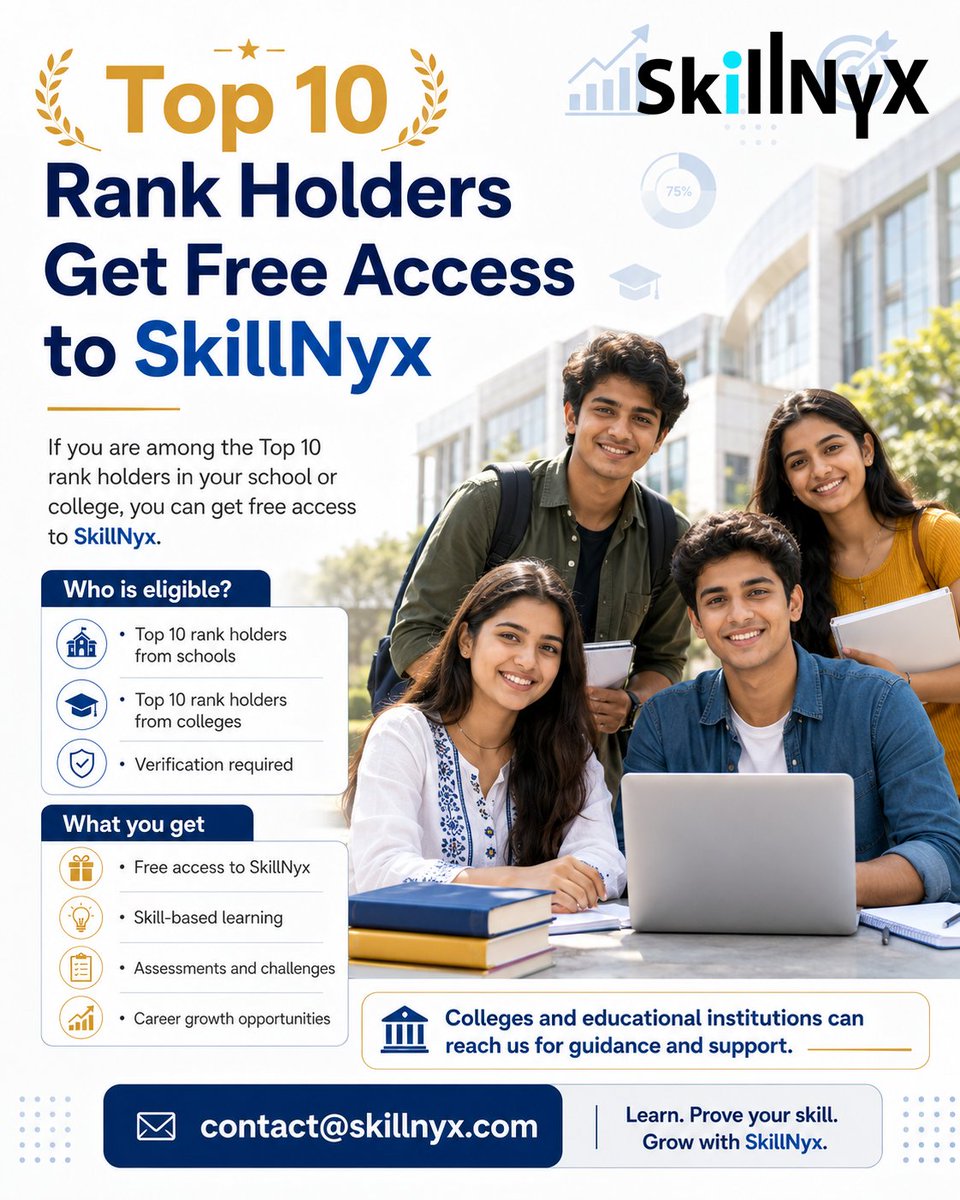 Skillnyx's tweet photo. Academic excellence deserves real opportunities.

Our mission is simple: help serious students convert academic discipline into real-world skills through skill-based learning, assessments, coding challenges, and career-focused growth. https://t.co/vdJ07pAMAe
