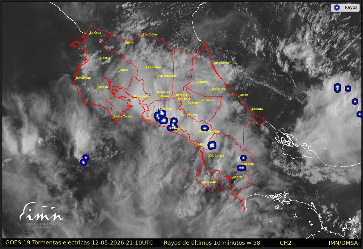 IMNCR's tweet photo. #IMN_Imágenes 3.10 p.m. 12.05.26. Condiciones mayormente nubladas en gran parte del país. Se presentan lluvias dispersas en montañas del Caribe, así como aguaceros aislados y tormenta eléctrica en el Pacífico Central y Sur. https://t.co/uD9hHeYPV3
