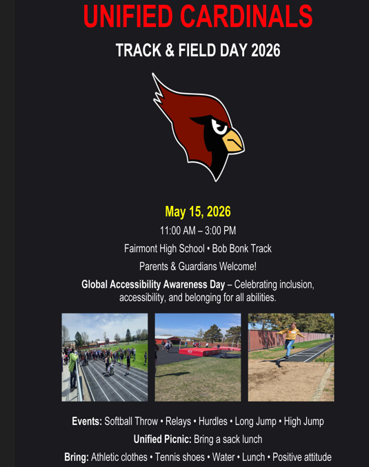 FAScards's tweet photo. Unified Cardinals Track and Field Day is this Friday, May 15th from 10:00 am - 3:00 pm. Parents and guardians are welcome to join us on Global Accessibility Awareness Day! Celebrating inclusion, accessibility, and belonging for all abilities. https://t.co/ecfSCvllDJ
