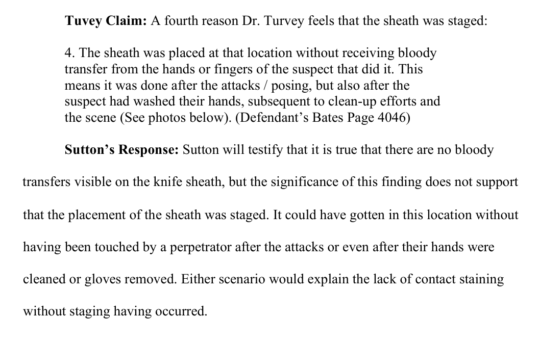 LowFlyingDonut's tweet photo. Brent Turvey planned to testify that the knife sheath with Bryan Kohberger's DNA was planted at the crime scene. Paulette Sutton was the state's rebuttal expert. Turvey makes assumption after assumption. Has this guy been winging it for most of his career? #bryankohberger #idaho4 https://t.co/1vYP0pnMLA