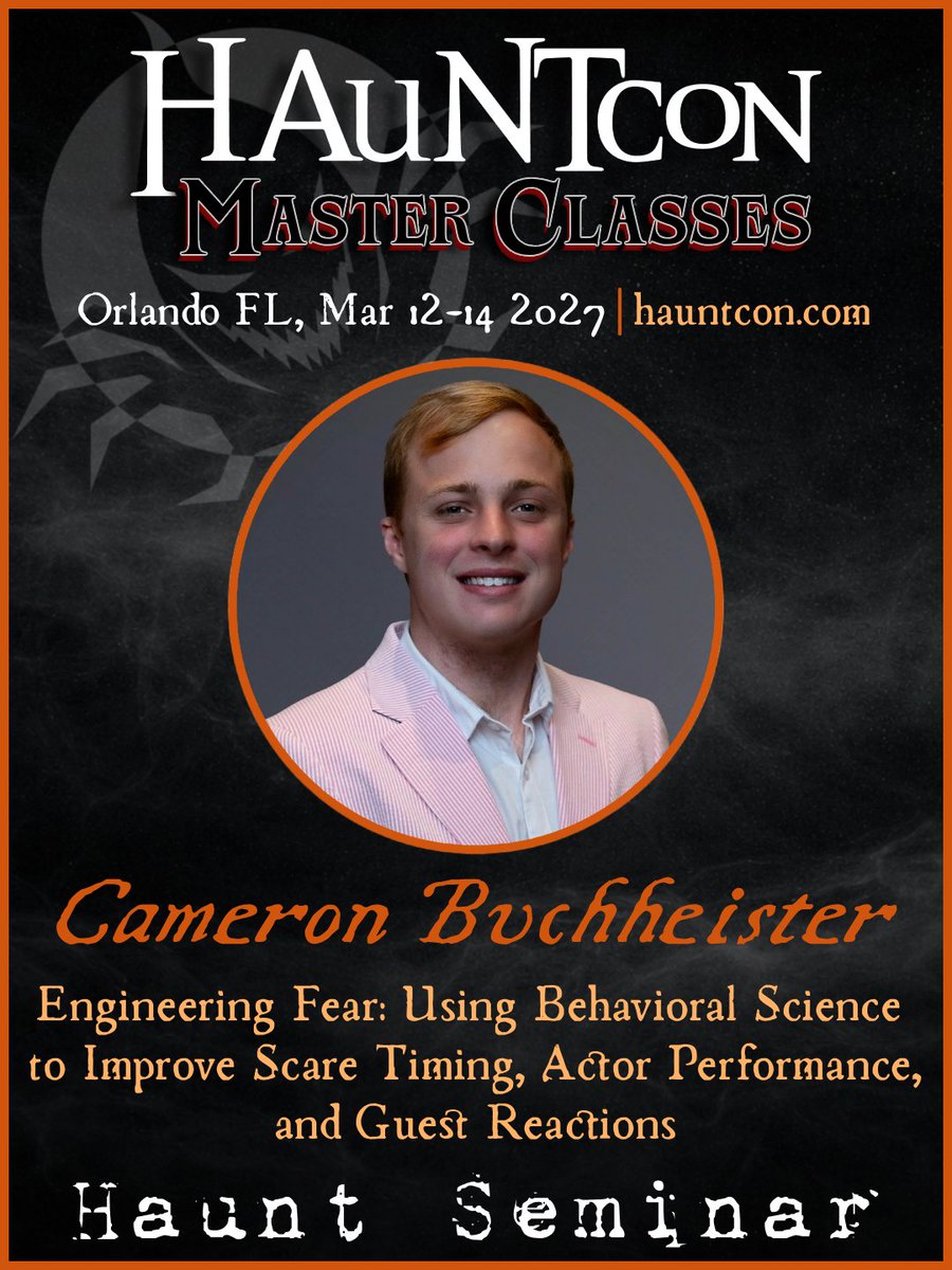 hauntcon's tweet photo. Great scares aren’t accidents. They’re engineered. 

Cameron Buchheister (behavior analyst by day &amp; scare actor by night) is coming to HAuNTcon 2027 to break down haunting using behavioral science – focusing on how timing, environment and performer behavior shape guest reactions. https://t.co/IVoMqkp6i7