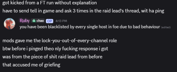 atomadesune's tweet photo. PSA: Do not join the Field Ops Enjoyers (FOE) Discord or any runs hosted by them. The environment in the server is 100% clique bullshit and any behavior aside from fakenice happy fun time is treated as trolling/griefing. https://t.co/a8ASBHDQNY